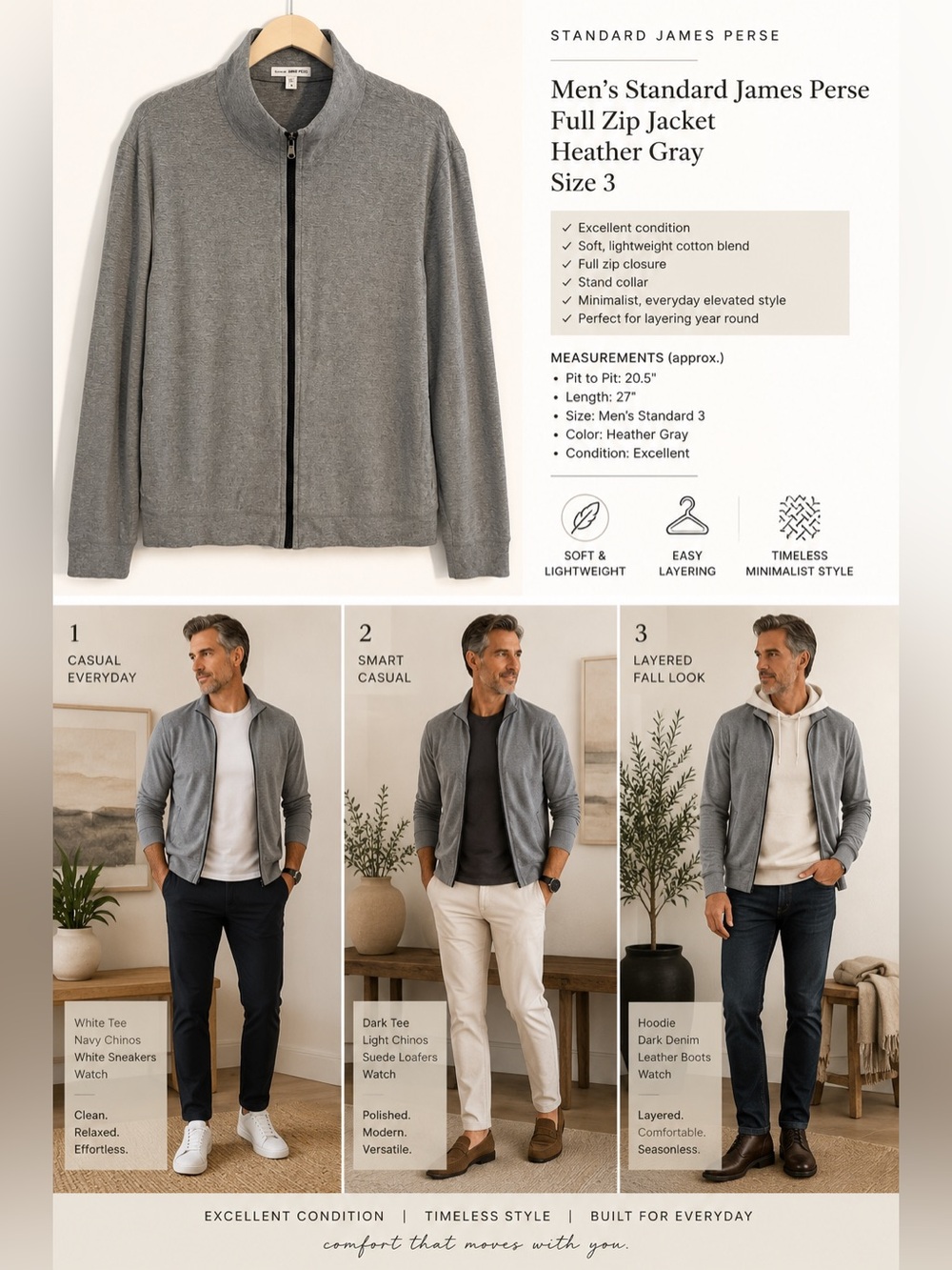 Standard James Perse Full Zip Jacket Heather Gray Cotton Blend Men’s Size 3